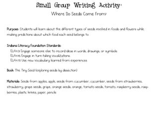 Small Group Writing Activity:
Where Do Seeds Come From?
Purpose: Students will learn about the different types of seeds involved in foods and flowers while
making predictions about which food each seed belongs to.
Indiana Literacy Foundation Standards:
ELA.4.31 Engage someone else to record ideas in words, drawings, or symbols.
ELA.4.45 Engage in turn-taking vocalizations.
ELA.4.70 Use new vocabulary learned from experiences.
Book: The Tiny Seed (exploring seeds by dissection)
Materials: Seeds from apples, apple, seeds from cucumber, cucumber, seeds from strawberries,
strawberry, grape seeds, grape, orange seeds, orange, tomato seeds, tomato, raspberry seeds, rasp-
berries, plastic knives, paper, pencils
 