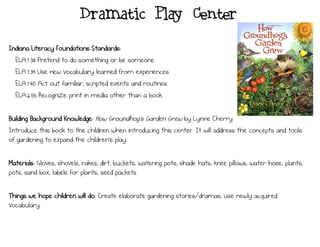 Dramatic Play Center
Indiana Literacy Foundations Standards:
ELA.7.38 Pretend to do something or be someone.
ELA.7.39 Use new vocabulary learned from experiences.
ELA.7.40 Act out familiar, scripted events and routines.
ELA.2.55 Recognize print in media other than a book.
Building Background Knowledge: How Groundhog's Garden Grew by Lynne Cherry
Introduce this book to the children when introducing this center. It will address the concepts and tools
of gardening to expand the children’s play.
Materials: Gloves, shovels, rakes, dirt, buckets, watering pots, shade hats, knee pillows, water hose, plants,
pots, sand box, labels for plants, seed packets
Things we hope children will do: Create elaborate gardening stories/dramas, use newly acquired
vocabulary
 