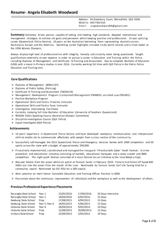 Page 1 of 3
Resume- Angela Elisabeth Woodward
Address: 34 Greenbury Court, Morayfield, QLD 4506.
Mobi l e: 0457 963 550
Emai l : angewoodward96@gmail.com
Summary: Extremely driven person, capable of setting and meeting high standards. Adopted motivational and
management strategies to achieve set goals and persevere whilst keeping positive and professional. 14 year policing
career (Queensland Police Service), 10 years on the Australian Swimming Team representing Australia across
Australasia, Europe and the Americas. Swimming career highlights included six (6) world records and a silver medal at
the 1996 Atlanta Olympics.
Always display high level of professionalism with integrity, honesty and sincerity never being questioned. Sought
qualifications externally at own expense in order to pursue a career in Education and Training within the Police
including Diploma of Management and Certificate IV Training and Assessment. Due to complete Bachelor of Education
(USQ) with a major in Primary studies in June 2016. Currently working full time with QLD Police in the Petrie Police
Education and Training Unit.
Core Qualifications
 Diploma of Management (BSB51107)
 Diploma of Public Safety (Policing)
 Certificate IV Training and Assessment (TAE40110)
 Management Development Program (compl eted Management PMM001, enrolled Law PML001)
 Positive Workplace Program
 Operational Skills and Tactics Firearms Instructor
 Operational Skills and Tactics Taser Instructor
 Investigative Interviewing Facilitator
 Currently studying full time Bachelor of Education (University of Southern Queensland)
 ROGON Public Speaking Course (Australian Olympic Committee)
 Discipline Investigation Course (QLD Police)
 Liquor Investigator (QLD Police).
Achievements
 14 years’ experience in Queensland Police Service and have developed exemplary communication and interpersonal
skills to enable me to communicate effectively with people from a cross-section of the communi ty.
 Successfully self-managed the 2011 Queensland Police and Emergency Services Games with 1000 competitors and 30
sports across the state with a budget of approximately $90,000.
 Proactively implemented, coordinated and managed the i naugural ‘I Practice Safe Cyber' Youth Festival. A crime
prevention and educational initiative consisting of markets, educational marquees and a skate scooter and BMX
competition. The night youth festival consisted of a music festival (as an initiative as the local Adopt-a-Cop).
 Rescued female from the ocean whilst on patrol at Tannum Sands in February 2010. Femal e had fallen off kayak 400-
500m out into the ocean from the mouth of the river. Nominated by Tannum Sands Surf Life Saving Club for a
community award. Nominated by OIC POLI for a QPS award.
 Won selection on merit Senior Constable Education and Training Officer Position in 2009.
 Passionate about the continuous improvement of individuals and the workplace as well as the development of others.
Previous Professional Experience Placements
Narangba State School Year 1 23/05/2016 17/06/2016 20 Days internship
Narangba State School Year 1 18/04/2016 6/05/2016 15 Days
Geebung State School Prep 17/08/2015 4/09/2015 15 Days
Geebung State School Year 5, Year 6 18/05/2015 5/06/2015 15 Days
Undurba State School Year 4 28/04/2014 9/05/2014 10 Days
Undurba State School Prep 12/08/2013 30/08/2013 15 Days
Jinibara StateSchool Prep 22/04/2013 3/05/2013 10 Days
 