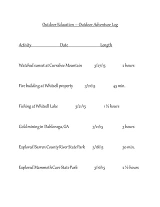 Outdoor Education – Outdoor Adventure Log
Activity Date Length
Watchedsunset atCurrahee Mountain 3/27/15 2 hours
Firebuilding at Whitsellproperty 3/21/15 45min.
FishingatWhitsell Lake 3/21/15 1 ½ hours
Goldminingin Dahlonega,GA 3/21/15 3 hours
Explored Barren CountyRiverStatePark 3/18/15 30 min.
Explored MammothCaveStatePark 3/16/15 2 ½ hours
 