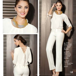 Ref. 352231 
Blusa en crepe 
(incluye collar) 
Color: Natural 
Tallas: S-M-L-XL- 
XXL 
$109.990 
Ref. 434601 
Pantalón en 
crepe stretch 
Color: Natural 
Tallas: 6-8-10- 
12-14-16 
$129.990 
Ref. 302201 
Calzado 
Color: Oro & Plata 
Tallas: 35 al 40 
Tacón: 9 
$89.990 
kritterium.com // 13 
 