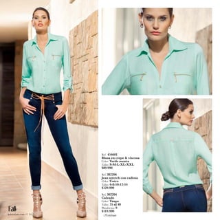 Ref. 454601 
Blusa en crepe & viscosa 
Color: Verde menta 
Tallas: S-M-L-XL-XXL 
$89.990 
Ref. 382206 
Jean stretch con cadena 
Color: Único 
Tallas: 6-8-10-12-14 
$129.990 
Ref. 302204 
Calzado 
Color: Taupe 
Tallas: 35 al 40 
Plataforma: 9 
$119.990 
kritterium.com // 14 
 