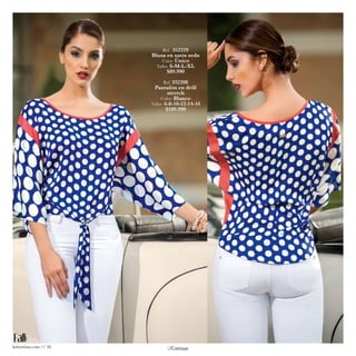 Ref. 352229 
Blusa en satín seda 
Color: Único 
Tallas: S-M-L-XL 
$89.990 
Ref. 332208 
Pantalón en drill 
stretch 
Color: Blanco 
Tallas: 6-8-10-12-14-16 
$109.990 
kritterium.com // 36 
 