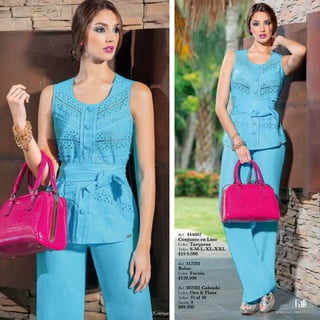 Ref. 444602 
Conjunto en Lino 
Color: Turquesa 
Tallas: S-M-L-XL-XXL 
$19 9.990 
Ref. 312201 
Bolso 
Color: Fucsia 
$129.990 
Ref. 302201 Calzado 
Color: Oro & Plata 
Tallas: 35 al 40 
Tacón: 9 
$89.990 
kritterium.com // 7 
 