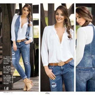 Ref. 352021 
Chaleco en denim 
Color: Único 
Tallas: S-M-L-XL 
$99.990 
Ref. 454618 
Blusa en crepe 
Color: Marfil 
Tallas: S-M-L-XL-XXL 
$89.990 
Ref. 382210 
Jean denim rígido 
(boyfriend) 
Color: Único 
Tallas: 6-8-10-12 
$119.990 
ebba.com.co // 34 
 