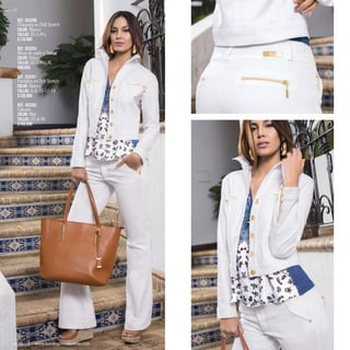 Ref. 353209
Chaqueta en Drill Stretch
Color: Blanco
Tallas: XS-S-M-L
$119.990
Ref. 353263
Blusa en satín y Tencel
Color: Único
Tallas: XS-S-M-L-XL
$99.990
Ref. 333201
Pantalón en Drill Stretch
Color: Blanco
Tallas: 6-8-10-12-14
$139.990
Ref. 303202
Calzado
Color: Miel
Tallas: 35 al 40
$109.990
12
ebba www.katalogoscolombia.com
 