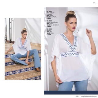 Ref. 455512
Blusa en Rayón
Craquelado
Color: Único
Tallas: XS-S-M-L-XL
$109.990
Ref. 383219
Jean en Denim Stretch
Color: Único
Tallas: 6-8-10-12-14-16
$149.990
Ref. 303213
Calzado
Color: Miel
Tallas: 35-40
$ 179.990
39
ebba www.katalogoscolombia.com
 