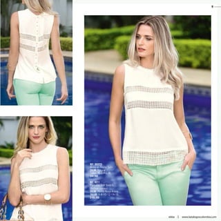 Ref. 353223
Blusa en Rayón Satín
Color: Natural
Tallas: XS-S-M-L-XL
$99.990
Ref. 8311
Pantalón Drill Stretch
(Incluye correa)
Color: Menta-Rosa-Arena
Tallas: 6-8-10-12-14-16
$109.990
9
ebba
9
www.katalogoscolombia.com
 