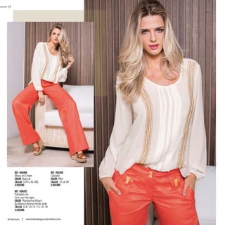 24
kritterium www.katalogoscolombia.com
Ref. 455404
Blusa en Crepe
Color: Natural
Tallas: S-M-L-XL-XXL
$109.990
Ref. 434202
Pantalón en
Lino con herrajes
Color: Mandarina-Amari-
llo-Blanco-Arena-Verde Jade
Tallas: 6-8-10-12-14-16-18
$139.990
Ref. 303209
Calzado
Color: Miel
Tallas: 35 al 40
$109.990
 