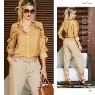 Ref. 456211
Blusa camisera
estampada
Color: Único
Tallas: XS-S-M-L-XL
$129.990
Ref. 436203
Pantalón en
rayón viscosa
tipo jogger
Color: Beige
Tallas: 6-8-10-12-14
$99.990
Ref. 303712
Calzado
Color: Miel
Tallas: 35 a 40
$129.990
15
 