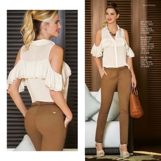 Ref. 456214
Blusa en rayón
con lurex
Color: Natural
Tallas: XS-S-M-L
$109.990
Ref. 436202
Pantalón en
dril stretch
(Incluye correa)
Color: Caqui-rojo
Tallas: 6-8-10-
12-14-16
$119.990
Ref. 303702
Calzado
Color: Dorado
Tallas: 35 a 40
$119.990
17
 
