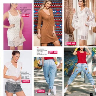 Ref.171515
Rompevientos
En viscosa punto
Color: natural
Tallas: s-m
Antes $49.990
AHORA
$40.990
Ref. 181808
Jogger en tencel
Color: Único
Tallas: 8-10-12
ANTES $89.990
AHORA
$69.990
Ref. 322505
Vestido en guipiure
Color: Único
Tallas: S-M
ANTES $149.990
AHORA
$89.990
Ref. 323720
Vestido en Suede
Color: Miel
Tallas: S
ANTES $129.990
AHORA
$77.990
AHORA
$149.990
Ref. 323723
Vestido en Guipiure
(Incluye Forro)
Color: Natural
Tallas: XS-S-M-L-XL
ANTES $199.990
ebba.com.co 111
 