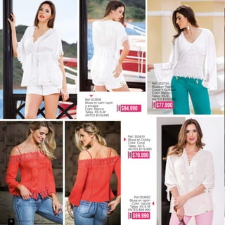 AHORA
$94.990
Ref. 353734
Blusa en Rayón
Crepé Y Guipiure
Color: Blanco
Tallas: XS-S
ANTES $129.990
AHORA
$77.990
Ref:353650
Blusa en rayón
Color: natural
Tallas: XS-S-M
ANTES $99.990
AHORA
$69.990
Ref:353806
Blusa en satín rayón
y encajes
Color: Blanco
Tallas: XS-S-M
ANTES $159.990
Ref. 353614
Blusa en Dobby
Color: Coral
Tallas: XS-S
ANTES $119.990
AHORA
$70.990
Venta por catálogo38
 
