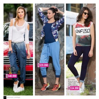 AHORA
$40.990
Ref.171606
Blusa en malla
(Inlcuye Básica)
Color: Blanco
Tallas: M-L
ANTES: $59.990
Ref. 171535
Blusa Basica
en Viscosa
Color: Azul Navy
Tallas: XS-M
ANTES: $29.990
AHORA
$20.990
Ref.171509
Blusa en punto
Calado Color: Único
Tallas: S-M-L
ANTES $49.990
AHORA
$34.990
Venta por catálogo54
 