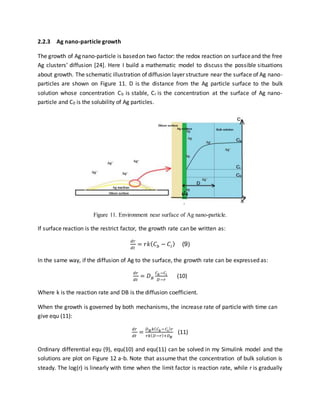 2.2.3 Ag nano-particle growth
The growth of Ag nano-particle is basedon two factor: the redox reaction on surfaceand the free
Ag clusters’ diffusion [24]. Here I build a mathematic model to discuss the possible situations
about growth. The schematic illustration of diffusion layer structure near the surface of Ag nano-
particles are shown on Figure 11. D is the distance from the Ag particle surface to the bulk
solution whose concentration Cb is stable, Cr is the concentration at the surface of Ag nano-
particle and C0 is the solubility of Ag particles.
Figure 11. Environment near surface of Ag nano-particle.
If surface reaction is the restrict factor, the growth rate can be written as:
𝑑𝑟
𝑑𝑡
= 𝑟𝑘( 𝐶 𝑏 − 𝐶𝑖) (9)
In the same way, if the diffusion of Ag to the surface, the growth rate can be expressed as:
𝑑𝑟
𝑑𝑡
= 𝐷 𝐵
𝐶 𝑏−𝐶𝑖
𝐷−𝑟
(10)
Where k is the reaction rate and DB is the diffusion coefficient.
When the growth is governed by both mechanisms, the increase rate of particle with time can
give equ (11):
𝑑𝑟
𝑑𝑡
=
𝐷 𝐵 𝑘( 𝐶 𝑏−𝐶𝑖) 𝑟
𝑟𝑘( 𝐷−𝑟)+𝐷 𝐵
(11)
Ordinary differential equ (9), equ(10) and equ(11) can be solved in my Simulink model and the
solutions are plot on Figure 12 a-b. Note that assume that the concentration of bulk solution is
steady. The log(r) is linearly with time when the limit factor is reaction rate, while r is gradually
 
