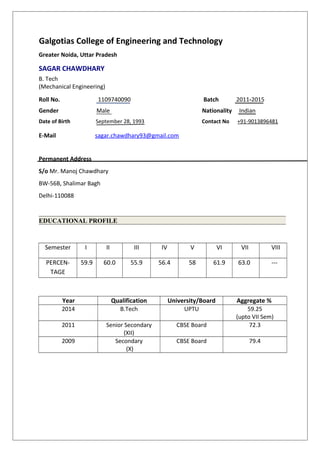Galgotias College of Engineering and Technology
Greater Noida, Uttar Pradesh
SAGAR CHAWDHARY
B. Tech
(Mechanical Engineering)
Roll No. 1109740090 Batch 2011-2015
Gender Male Nationality Indian
Date of Birth September 28, 1993 Contact No +91-9013896481
E-Mail sagar.chawdhary93@gmail.com
Permanent Address
S/o Mr. Manoj Chawdhary
BW-56B, Shalimar Bagh
Delhi-110088
EDUCATIONAL PROFILE
Semester I II III IV V VI VII VIII
PERCEN-
TAGE
59.9 60.0 55.9 56.4 58 61.9 63.0 ---
Year Qualification University/Board Aggregate %
2014 B.Tech UPTU 59.25
(upto VII Sem)
2011 Senior Secondary
(XII)
CBSE Board 72.3
2009 Secondary
(X)
CBSE Board 79.4
 