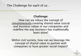 The Challenge for each of us…
18
Challenge:
How can we infuse the concept of
simultaneously creating shared value (social
and business value) in our companies and
redeﬁne the way business has traditionally
been done?
Within civil society, how can we leverage the
concept of shared value to partner with
companies to have greater social impact?
 