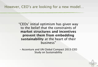 However, CEO’s are looking for a new model…
6
“CEOs’ initial optimism has given way
to the belief that the constraints of
market structures and incentives
prevent them from embedding
sustainability at the heart of their
business”
- Accenture and UN Global Compact 2013 CEO
Study on Sustainability
 