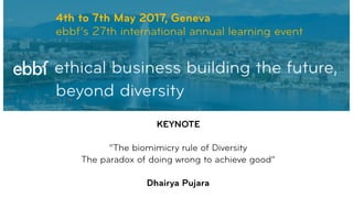 KEYNOTE
 
“The biomimicry rule of Diversity
The paradox of doing wrong to achieve good” 
 
Dhairya Pujara
 