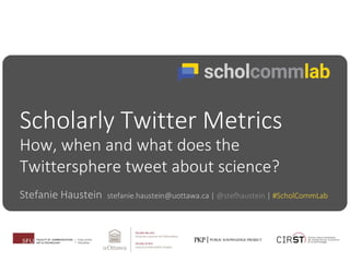 Scholarly Twitter Metrics
Stefanie Haustein stefanie.haustein@uottawa.ca | @stefhaustein | #ScholCommLab
How, when and what does the
Twittersphere tweet about science?
 