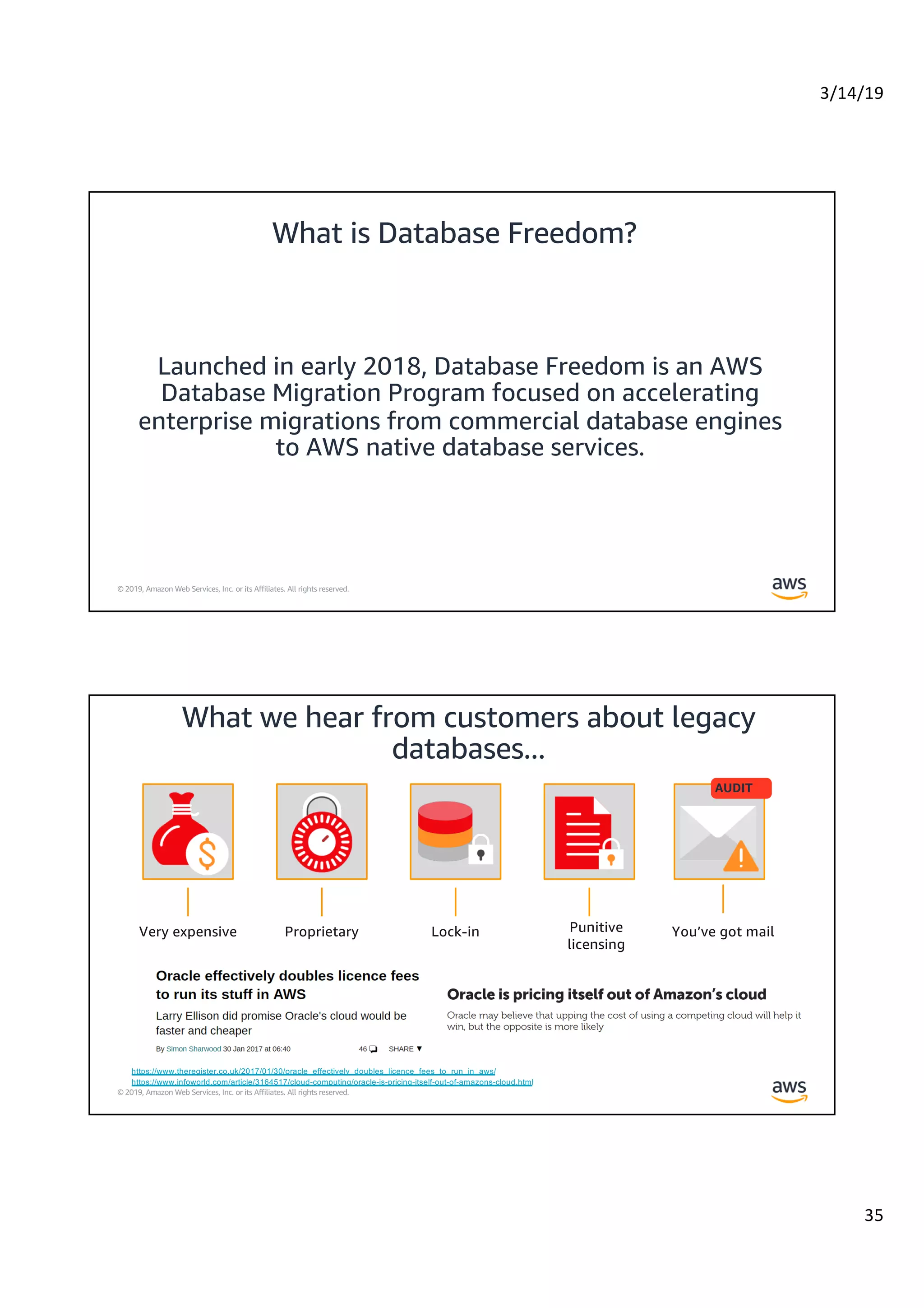 3/14/19
35
© 2019, Amazon Web Services, Inc. or its Affiliates. All rights reserved.
What is Database Freedom?
Launched in early 2018, Database Freedom is an AWS
Database Migration Program focused on accelerating
enterprise migrations from commercial database engines
to AWS native database services.
© 2019, Amazon Web Services, Inc. or its Affiliates. All rights reserved.
What we hear from customers about legacy
databases...
AUDIT
Very expensive Proprietary Lock-in Punitive
licensing
You’ve got mail
https://www.theregister.co.uk/2017/01/30/oracle_effectively_doubles_licence_fees_to_run_in_aws/
https://www.infoworld.com/article/3164517/cloud-computing/oracle-is-pricing-itself-out-of-amazons-cloud.html
 