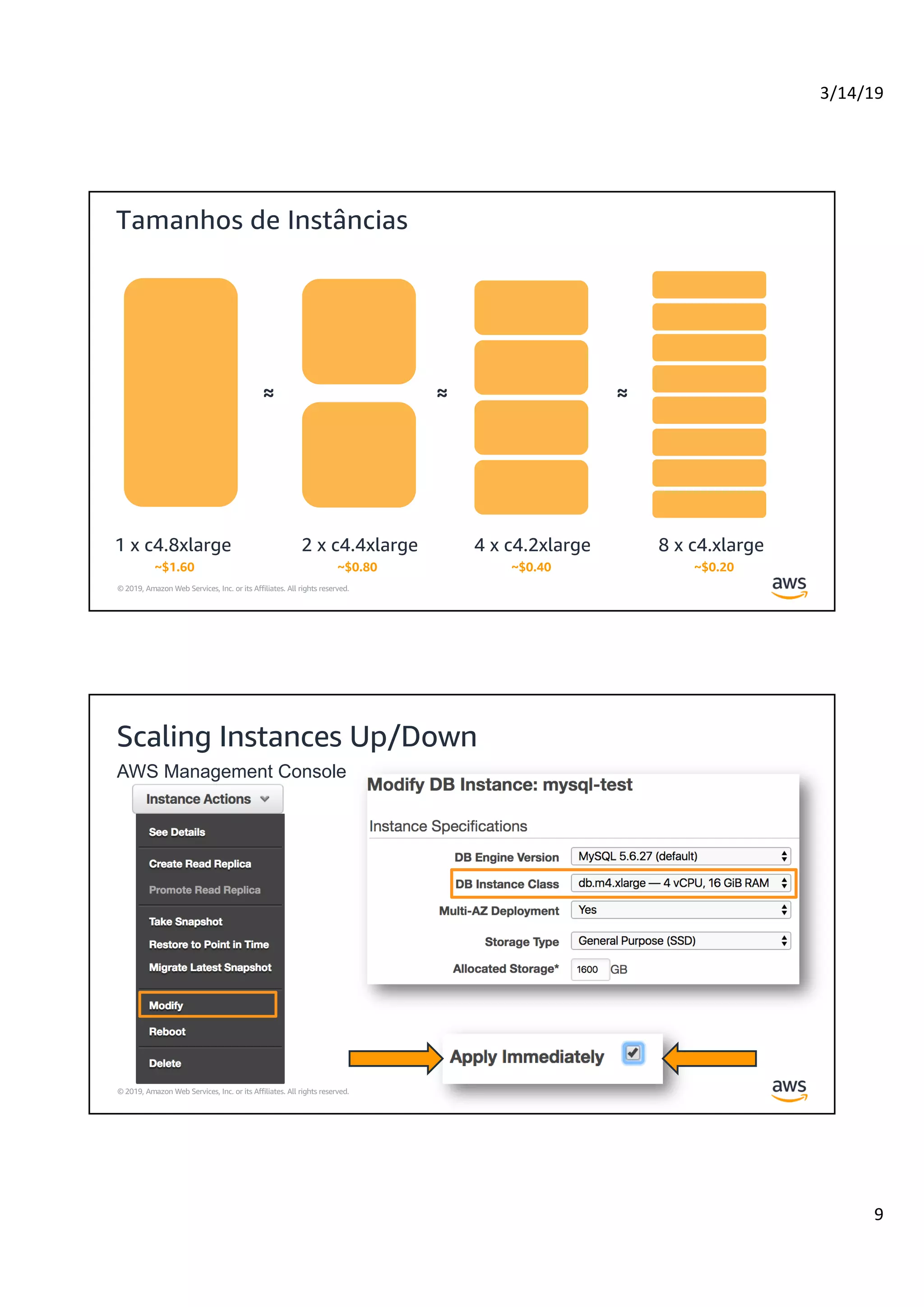 3/14/19
9
© 2019, Amazon Web Services, Inc. or its Affiliates. All rights reserved.
© 2018, Amazon Web Services, Inc. or its affiliates. All rights reserved.
Tamanhos de Instâncias
1 x c4.8xlarge 2 x c4.4xlarge
≈
4 x c4.2xlarge
≈
8 x c4.xlarge
≈
~$1.60 ~$0.80 ~$0.40 ~$0.20
© 2019, Amazon Web Services, Inc. or its Affiliates. All rights reserved.
Scaling Instances Up/Down
AWS Management Console
 