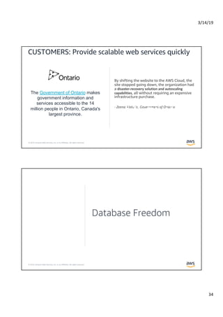 3/14/19
34
© 2019, Amazon Web Services, Inc. or its Affiliates. All rights reserved.
CUSTOMERS: Provide scalable web services quickly
The Government of Ontario makes
government information and
services accessible to the 14
million people in Ontario, Canada's
largest province.
© 2019, Amazon Web Services, Inc. or its Affiliates. All rights reserved.
Database Freedom
 