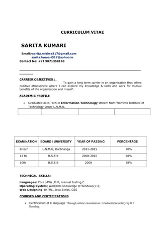 CURRICULUM VITAE
SARITA KUMARI
Email:-sarita.mishra517@gmail.com
sarita.kumari517@yahoo.in
Contact No: +91 9071358130
_______________________________________________________________
_______
CARRIER OBJECTIVES :
To gain a long term carrier in an organisation that offers
positive atmosphere where I can explore my knowledge & skills and work for mutual
benefits of the organization and myself.
ACADEMIC PROFILE
 Graduated as B.Tech in Information Technology stream from Womens Institute of
Technology under L.N.M.U.
TECHNICAL SKILLS:
Languages: Core JAVA ,PHP, manual testing,C
Operating System: Workable knowledge of Windows(7,8)
Web Designing :HTML, Java Script, CSS
COURSES AND CERTIFICATIONS
 Certification of C language Through online examination, Conducted remotely by IIT
Bombay.
EXAMINATION BOARD / UNIVERSITY YEAR OF PASSING PERCENTAGE
B.tech L.N.M.U, Darbhanga 2011-2015 80%
12 th B.S.E.B 2008-2010 68%
10th B.S.E.B 2008 78%
 