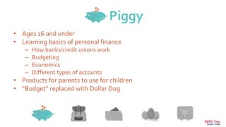 Piggy
• Ages 16 and under
• Learning basics of personal finance
– How banks/credit unions work
– Budgeting
– Economics
– Different types of accounts
• Products for parents to use for children
• “Budget” replaced with Dollar Dog
SDFC-You
SHORT TERM
 