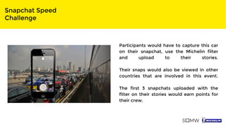 Snapchat Speed
Challenge
Participants would have to capture this car
on their snapchat, use the Michelin filter
and upload to their stories.
Their snaps would also be viewed in other
countries that are involved in this event.
The first 3 snapchats uploaded with the
fliter on their stories would earn points for
their crew.
 