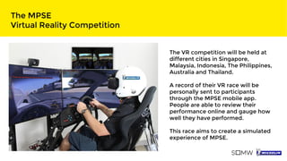 The VR competition will be held at
different cities in Singapore,
Malaysia, Indonesia, The Philippines,
Australia and Thailand.
A record of their VR race will be
personally sent to participants
through the MPSE mobile app.
People are able to review their
performance online and gauge how
well they have performed.
This race aims to create a simulated
experience of MPSE.
The MPSE
Virtual Reality Competition
 