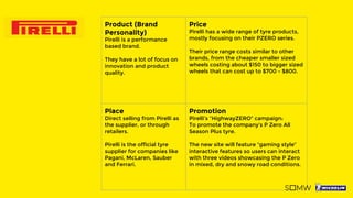 Product (Brand
Personality)
Pirelli is a performance
based brand.
They have a lot of focus on
innovation and product
quality.
Price
Pirelli has a wide range of tyre products,
mostly focusing on their PZERO series.
Their price range costs similar to other
brands, from the cheaper smaller sized
wheels costing about $150 to bigger sized
wheels that can cost up to $700 - $800.
Place
Direct selling from Pirelli as
the supplier, or through
retailers.
Pirelli is the official tyre
supplier for companies like
Pagani, McLaren, Sauber
and Ferrari.
Promotion
Pirelli’s “HighwayZERO” campaign:
To promote the company’s P Zero All
Season Plus tyre.
The new site will feature “gaming style”
interactive features so users can interact
with three videos showcasing the P Zero
in mixed, dry and snowy road conditions.
 