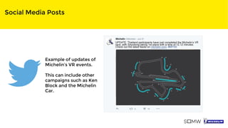 Social Media Posts
Example of updates of
Michelin’s VR events.
This can include other
campaigns such as Ken
Block and the Michelin
Car.
 