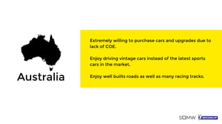 Extremely willing to purchase cars and upgrades due to
lack of COE.
Enjoy driving vintage cars instead of the latest sports
cars in the market.
Enjoy well builts roads as well as many racing tracks.
Australia
 