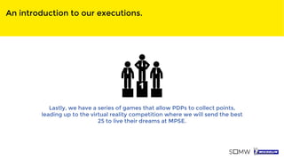 An introduction to our executions.
Lastly, we have a series of games that allow PDPs to collect points,
leading up to the virtual reality competition where we will send the best
25 to live their dreams at MPSE.
 