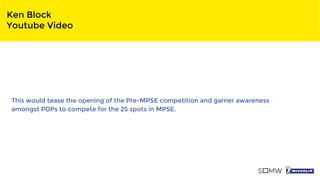 Ken Block
Youtube Video
This would tease the opening of the Pre-MPSE competition and garner awareness
amongst PDPs to compete for the 25 spots in MPSE.
 