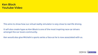 Ken Block
Youtube Video
This aims to show how our virtual reality simulator is very close to real life driving.
It will also create hype as Ken Block is one of the most inspiring race car drivers
amongst the car lovers community.
Ken would also give Michelin’s sports series a face as he is now associated with us.
 