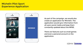 Michelin Pilot Sport
Experience Application
As part of the campaign, we would also
create an application for Michelin. The
application would sync information from
all users social media and keep them
constantly updated about the MPSE.
There are features such as small games
and even a personal account on the
application.
 