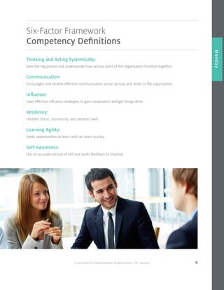 © 2014 Center for Creative Leadership. All rights reserved. CVD: 09232014 6
Overview
Monday
Thinking and Acting Systemically:
Sees the big picture and understands how various parts of the organization function together.
Communication:
Encourages and models effective communication across groups and levels in the organization.
Influence:
Uses effective influence strategies to gain cooperation and get things done.
Resiliency:
Handles stress, uncertainty, and setbacks well.
Learning Agility:
Seeks opportunities to learn and can learn quickly.
Self-Awareness:
Has an accurate picture of self and seeks feedback to improve.
Six-Factor Framework
Competency Definitions
 