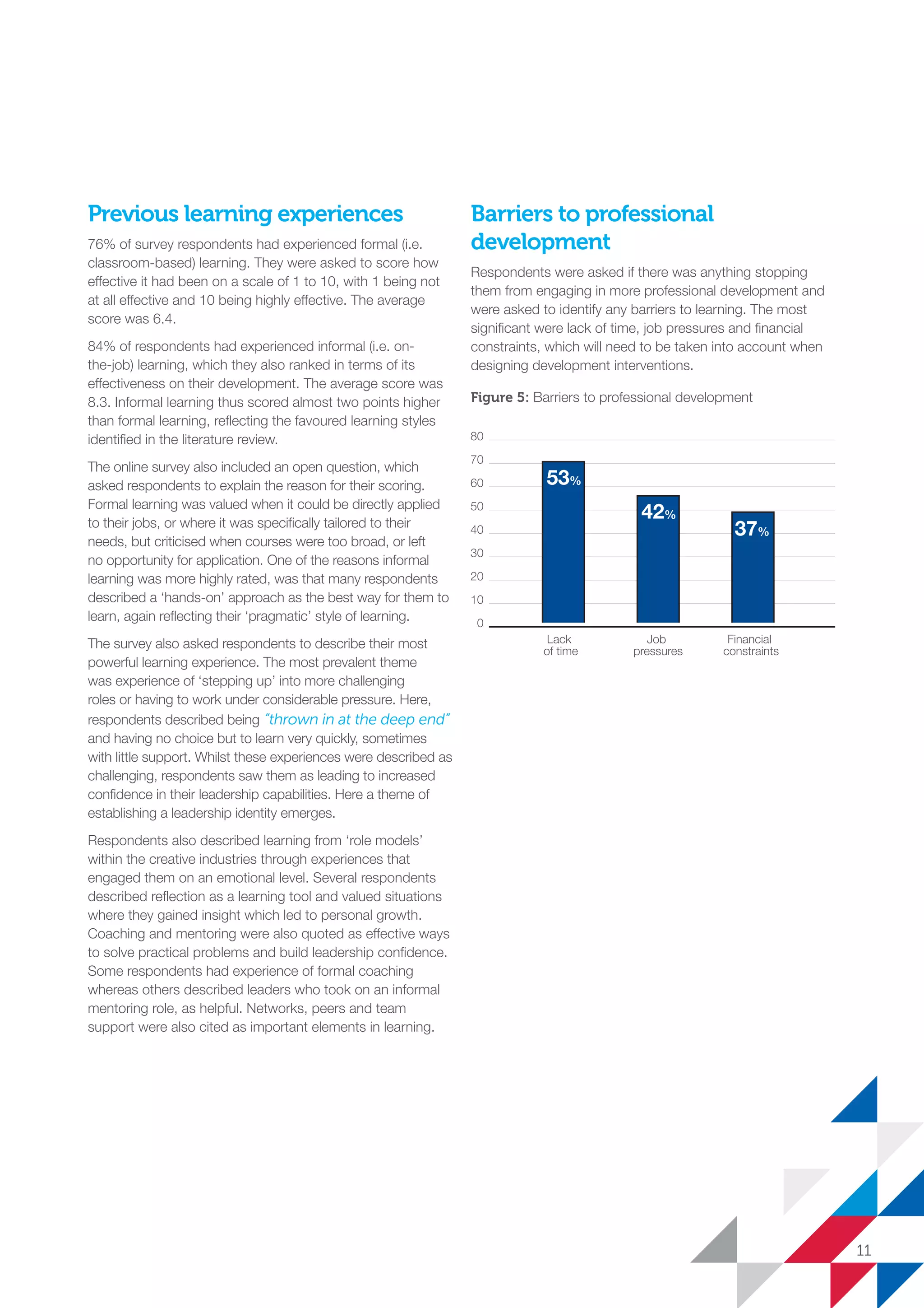 Previous learning experiences
76% of survey respondents had experienced formal (i.e.
classroom-based) learning. They were asked to score how
effective it had been on a scale of 1 to 10, with 1 being not
at all effective and 10 being highly effective. The average
score was 6.4.
84% of respondents had experienced informal (i.e. on-
the-job) learning, which they also ranked in terms of its
effectiveness on their development. The average score was
8.3. Informal learning thus scored almost two points higher
than formal learning, reflecting the favoured learning styles
identified in the literature review.
The online survey also included an open question, which
asked respondents to explain the reason for their scoring.
Formal learning was valued when it could be directly applied
to their jobs, or where it was specifically tailored to their
needs, but criticised when courses were too broad, or left
no opportunity for application. One of the reasons informal
learning was more highly rated, was that many respondents
described a ‘hands-on’ approach as the best way for them to
learn, again reflecting their ‘pragmatic’ style of learning.
The survey also asked respondents to describe their most
powerful learning experience. The most prevalent theme
was experience of ‘stepping up’ into more challenging
roles or having to work under considerable pressure. Here,
respondents described being “thrown in at the deep end”
and having no choice but to learn very quickly, sometimes
with little support. Whilst these experiences were described as
challenging, respondents saw them as leading to increased
confidence in their leadership capabilities. Here a theme of
establishing a leadership identity emerges.
Respondents also described learning from ‘role models’
within the creative industries through experiences that
engaged them on an emotional level. Several respondents
described reflection as a learning tool and valued situations
where they gained insight which led to personal growth.
Coaching and mentoring were also quoted as effective ways
to solve practical problems and build leadership confidence.
Some respondents had experience of formal coaching
whereas others described leaders who took on an informal
mentoring role, as helpful. Networks, peers and team
support were also cited as important elements in learning.
Barriers to professional
development
Respondents were asked if there was anything stopping
them from engaging in more professional development and
were asked to identify any barriers to learning. The most
significant were lack of time, job pressures and financial
constraints, which will need to be taken into account when
designing development interventions.
Figure 5: Barriers to professional development
0
10
20
30
40
50
60
70
80
53%
42%
37%
Lack
of time
Job
pressures
Financial
constraints
11
SS8265_Mgment/Lship Report final 7.indd 11 27/07/2015 11:18
 