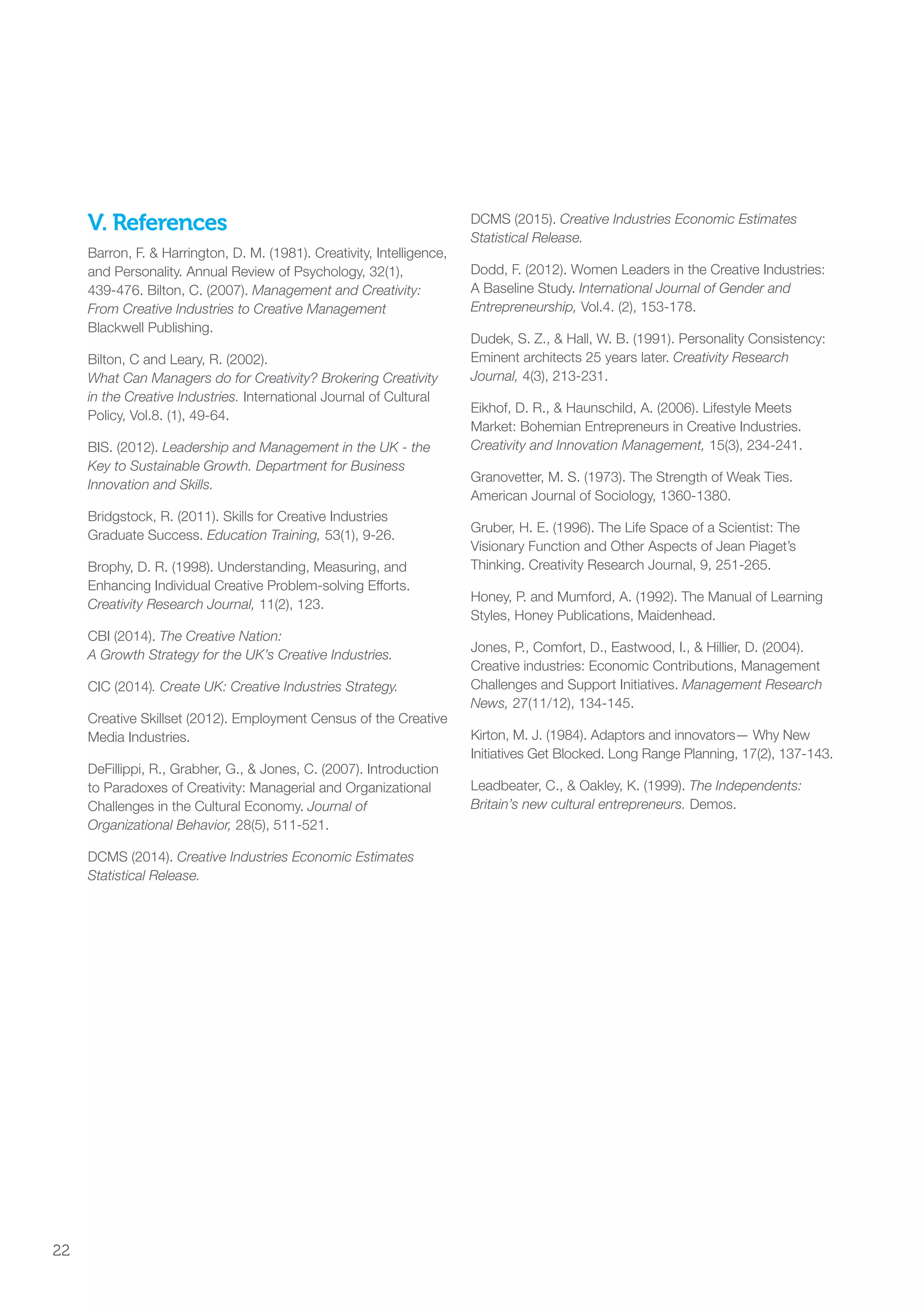 V. References
Barron, F.  Harrington, D. M. (1981). Creativity, Intelligence,
and Personality. Annual Review of Psychology, 32(1),
439-476. Bilton, C. (2007). Management and Creativity:
From Creative Industries to Creative Management
Blackwell Publishing.
Bilton, C and Leary, R. (2002).
What Can Managers do for Creativity? Brokering Creativity
in the Creative Industries. International Journal of Cultural
Policy, Vol.8. (1), 49-64.
BIS. (2012). Leadership and Management in the UK - the
Key to Sustainable Growth. Department for Business
Innovation and Skills.
Bridgstock, R. (2011). Skills for Creative Industries
Graduate Success. Education Training, 53(1), 9-26.
Brophy, D. R. (1998). Understanding, Measuring, and
Enhancing Individual Creative Problem-solving Efforts.
Creativity Research Journal, 11(2), 123.
CBI (2014). The Creative Nation:
A Growth Strategy for the UK’s Creative Industries.
CIC (2014). Create UK: Creative Industries Strategy.
Creative Skillset (2012). Employment Census of the Creative
Media Industries.
DeFillippi, R., Grabher, G.,  Jones, C. (2007). Introduction
to Paradoxes of Creativity: Managerial and Organizational
Challenges in the Cultural Economy. Journal of
Organizational Behavior, 28(5), 511-521.
DCMS (2014). Creative Industries Economic Estimates
Statistical Release.
DCMS (2015). Creative Industries Economic Estimates
Statistical Release.
Dodd, F. (2012). Women Leaders in the Creative Industries:
A Baseline Study. International Journal of Gender and
Entrepreneurship, Vol.4. (2), 153-178.
Dudek, S. Z.,  Hall, W. B. (1991). Personality Consistency:
Eminent architects 25 years later. Creativity Research
Journal, 4(3), 213-231.
Eikhof, D. R.,  Haunschild, A. (2006). Lifestyle Meets
Market: Bohemian Entrepreneurs in Creative Industries.
Creativity and Innovation Management, 15(3), 234-241.
Granovetter, M. S. (1973). The Strength of Weak Ties.
American Journal of Sociology, 1360-1380.
Gruber, H. E. (1996). The Life Space of a Scientist: The
Visionary Function and Other Aspects of Jean Piaget’s
Thinking. Creativity Research Journal, 9, 251-265.
Honey, P. and Mumford, A. (1992). The Manual of Learning
Styles, Honey Publications, Maidenhead.
Jones, P., Comfort, D., Eastwood, I.,  Hillier, D. (2004).
Creative industries: Economic Contributions, Management
Challenges and Support Initiatives. Management Research
News, 27(11/12), 134-145.
Kirton, M. J. (1984). Adaptors and innovators— Why New
Initiatives Get Blocked. Long Range Planning, 17(2), 137-143.
Leadbeater, C.,  Oakley, K. (1999). The Independents:
Britain’s new cultural entrepreneurs. Demos.
22
SS8265_Mgment/Lship Report final 7.indd 22 27/07/2015 11:18
 