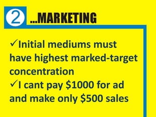 Initial mediums must
have highest marked-target
concentration
I cant pay $1000 for ad
and make only $500 sales
 