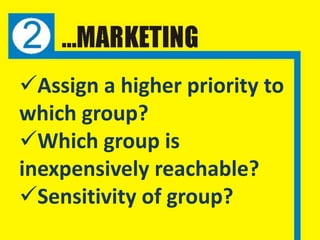 Assign a higher priority to
which group?
Which group is
inexpensively reachable?
Sensitivity of group?
 