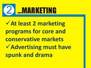 At least 2 marketing
programs for core and
conservative markets
Advertising must have
spunk and drama
 