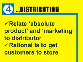 Relate ‘absolute
product’ and ‘marketing’
to distributor
Rational is to get
customers to store
 