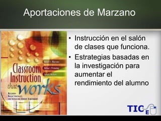 Aportaciones de Marzano
• Instrucción en el salón
de clases que funciona.
• Estrategias basadas en
la investigación para
aumentar el
rendimiento del alumno
 