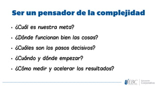 Ser un pensador de la complejidad
• ¿Cuál es nuestra meta?
• ¿Dónde funcionan bien las cosas?
• ¿Cuáles son los pasos decisivos?
• ¿Cuándo y dónde empezar?
• ¿Cómo medir y acelerar los resultados?
 