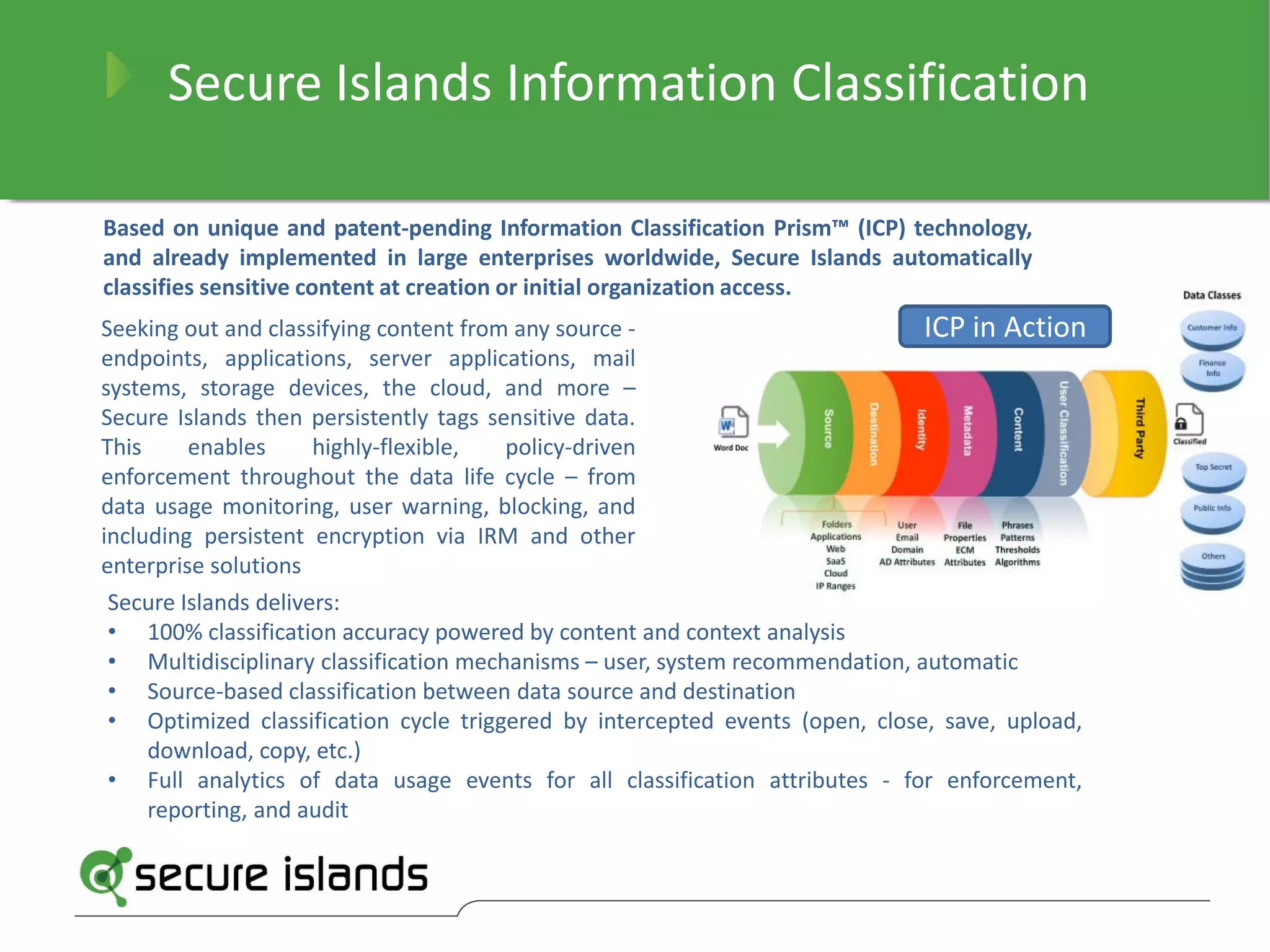 Secure Islands Information Classification
Based on unique and patent-pending Information Classification Prism™ (ICP) technology,
and already implemented in large enterprises worldwide, Secure Islands automatically
classifies sensitive content at creation or initial organization access.
Seeking out and classifying content from any source -
endpoints, applications, server applications, mail
systems, storage devices, the cloud, and more –
Secure Islands then persistently tags sensitive data.
This enables highly-flexible, policy-driven
enforcement throughout the data life cycle – from
data usage monitoring, user warning, blocking, and
including persistent encryption via IRM and other
enterprise solutions
Secure Islands delivers:
• 100% classification accuracy powered by content and context analysis
• Multidisciplinary classification mechanisms – user, system recommendation, automatic
• Source-based classification between data source and destination
• Optimized classification cycle triggered by intercepted events (open, close, save, upload,
download, copy, etc.)
• Full analytics of data usage events for all classification attributes - for enforcement,
reporting, and audit
ICP in Action
 