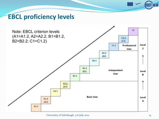 EBCL proficiency levels
 Note: EBCL criterion levels
 (A1=A1.2, A2=A2.2, B1=B1.2,
 B2=B2.2; C1=C1.2)




                  University of Edinburgh, 5-6 July 2012   14
 