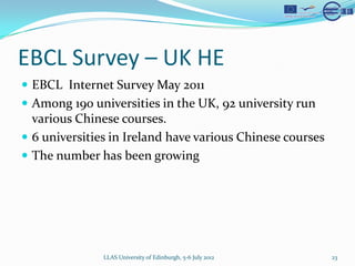 EBCL Survey C UK HE
? EBCL Internet Survey May 2011
? Among 190 universities in the UK, 92 university run
  various Chinese courses.
? 6 universities in Ireland have various Chinese courses
? The number has been growing




               LLAS University of Edinburgh, 5-6 July 2012   23
 
